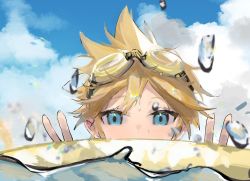 Rule 34 | 1boy, aqua eyes, blonde hair, cloud, commentary, double v, goggles, goggles on head, highres, kagamine len, looking at viewer, male focus, mifes, outdoors, partially submerged, portrait, solo, spiked hair, v, vocaloid, water drop, wet lens