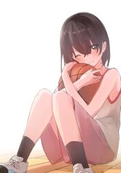 Rule 34 | 1girl, artist logo, ball, bare shoulders, basketball (object), black socks, brown eyes, brown hair, crossed arms, gym uniform, holding, holding ball, izumi illust, knees up, looking at viewer, on floor, one eye closed, original, red shorts, shirt, shoes, short hair, shorts, sitting, sleeveless, sleeveless shirt, smile, sneakers, socks, solo, sportswear, white background, white shirt, wooden floor