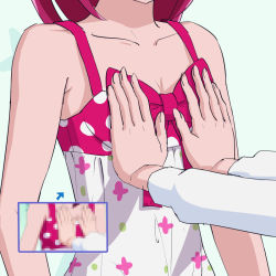 Rule 34 | 10s, 1girl, aino megumi, arrow (symbol), bad id, bad pixiv id, bare shoulders, bow, collarbone, dress, flat chest, flat chest grab, grabbing, happinesscharge precure!, mont blanc (heartcatch ayaya), pink bow, pink hair, pixelated, precure, solo focus, sundress