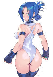 Rule 34 | 1girl, arm strap, ass, black gloves, blair dame, blue eyes, blue hair, boots, breasts, clenched hands, commentary request, fighting ex layer, fingerless gloves, folded ponytail, from behind, gloves, highleg, highleg leotard, highres, large breasts, leotard, looking at viewer, matsuda (matsukichi), partial commentary, short hair, solo, street fighter, street fighter ex (series), thigh boots, white background, white leotard