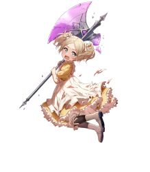 Rule 34 | 1girl, aged down, axe, blonde hair, bloomers, bloomers (victorian), damaged, dress, fire emblem, fire emblem awakening, fire emblem heroes, frilled dress, frills, green eyes, hair ribbon, highres, holding, holding axe, lissa (child) (fire emblem), lissa (fire emblem), nintendo, non-web source, open mouth, ribbon, solo, torn clothes, torn dress, twintails, underwear, wavy mouth, white footwear, yellow dress