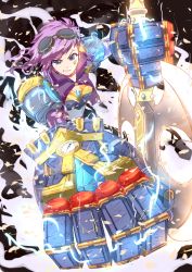 Rule 34 | 1girl, axe, blue eyes, goggles, league of legends, mushiboy, pink hair, shoulder pads, smirk, vi (league of legends), weapon