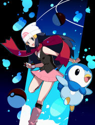 Rule 34 | 1girl, blue eyes, blue hair, breasts, creatures (company), dawn (pokemon), game freak, gen 4 pokemon, hair ornament, highres, holding, holding poke ball, jumping, long hair, nintendo, open mouth, piplup, poke ball, pokemon, pokemon (creature), pokemon dppt, sakuraidai, scarf, shiny skin, skirt, small breasts, smile