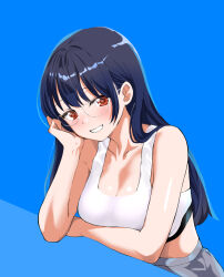 Rule 34 | 1girl, bare arms, blue background, blue hair, boku no kokoro no yabai yatsu, breasts, brown eyes, cleavage, collarbone, dark blue hair, elbow rest, glasses, grin, head rest, highres, long hair, looking at viewer, medium breasts, smile, solo, sports bra, two-tone background, unai suken, white sports bra, yamada anna