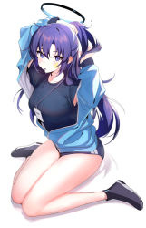 Rule 34 | 1girl, absurdres, armpits, arms behind head, arms up, bare legs, black footwear, black shirt, blue archive, blue buruma, blue jacket, blush, breasts, buruma, commentary request, facial mark, full body, gym uniform, hair between eyes, hair tie in mouth, halo, highres, holding, holding own hair, jacket, lanyard, large breasts, long hair, long sleeves, looking at viewer, mouth hold, official alternate costume, open clothes, open jacket, partially unzipped, purple eyes, purple hair, shirt, sidelocks, simple background, sitting, star (symbol), star facial mark, t-shirt, taut clothes, taut shirt, thighs, tying hair, ulrich (tagaragakuin), wariza, white background, yuuka (blue archive), yuuka (track) (blue archive)