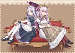 Rule 34 | 2girls, apron, black footwear, blue archive, bow, braid, brown background, commentary request, dress, fire emblem, fire emblem: three houses, fire emblem heroes, grey apron, grey dress, hair bow, hina (blue archive), hiomaika, horns, juliet sleeves, loafers, long hair, long sleeves, looking at viewer, lysithea von ordelia, maid, maid headdress, mary janes, multiple girls, nintendo, official alternate costume, official alternate hairstyle, petticoat, pink eyes, portuguese commentary, puffy short sleeves, puffy sleeves, purple bow, purple eyes, purple hair, shoes, short sleeves, twin braids, white dress
