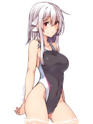 Rule 34 | 1girl, adyisu, aged up, altair floone, black one-piece swimsuit, competition swimsuit, covered navel, cowboy shot, grey hair, hair between eyes, looking at viewer, one-piece swimsuit, original, red eyes, short hair, simple background, smile, solo, standing, swimsuit, wading, white background, white hair