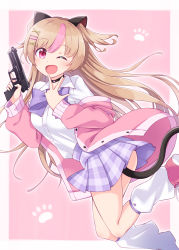 Rule 34 | 1girl, ;d, animal ears, black choker, blush, bow, breasts, cat ears, cat tail, choker, collared shirt, commentary request, dress shirt, fake animal ears, girls&#039; frontline, grey background, gun, h&amp;k mark 23, hair ornament, hairclip, handgun, harada (sansei rain), heckler &amp; koch, highres, holding, holding gun, holding weapon, jacket, kneehighs, light brown hair, long hair, long sleeves, looking at viewer, loose socks, match grade, match grade firearm, match grade pistol, mk23 (girls&#039; frontline), multicolored hair, name connection, object namesake, off shoulder, offensive handgun, one eye closed, open clothes, open jacket, open mouth, pink background, pink hair, pink jacket, plaid, plaid skirt, pleated skirt, puffy sleeves, purple bow, purple skirt, red eyes, red footwear, shirt, shoes, skirt, small breasts, smile, socks, solo, streaked hair, tail, two-tone background, two side up, very long hair, weapon, white shirt, white socks, x hair ornament