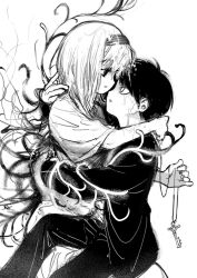 Rule 34 | 1boy, 1girl, dress, empty eyes, eren yeager, face-to-face, feet out of frame, greyscale, hairband, hand on another&#039;s head, holding, holding jewelry, holding necklace, hug, jacket, jewelry, jihecchi, key, key necklace, long hair, long sleeves, looking at another, monochrome, mutual hug, necklace, open mouth, pants, profile, shingeki no kyojin, short hair, short sleeves, simple background, sitting, sitting on lap, sitting on person, slime (substance), tentacles, ymir fritz