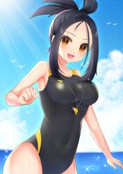Rule 34 | 1girl, black hair, black one-piece swimsuit, competition swimsuit, creatures (company), dendra (pokemon), game freak, highres, nintendo, one-piece swimsuit, open mouth, pokemon, pokemon sv, ponytail, solo, swimsuit, takahara, yellow eyes