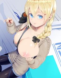 Rule 34 | 1girl, aran sweater, blonde hair, blue eyes, braid, breasts, cable knit, cardigan, cleavage, collarbone, fuwakuyuu, girls&#039; frontline, hair over shoulder, large breasts, long hair, looking at viewer, looking up, mg3 (girls&#039; frontline), mg3 (urban holiday) (girls&#039; frontline), nipples, official alternate costume, one breast out, pantyhose, shorts, single braid, smile, solo, sweater