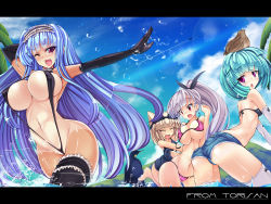 Rule 34 | 4girls, :o, aircraft, airplane, animal, animal on head, aqua hair, arm grab, ass, bare shoulders, barefoot, bird, bird on head, black gloves, black legwear, blue eyes, breasts, brown hair, cleavage, elbow gloves, covered erect nipples, closed eyes, fang, gloves, highres, huge breasts, large breasts, letterboxed, light purple hair, long hair, maid headdress, multiple girls, navel, on head, one eye closed, open mouth, original, penguin, ponytail, red eyes, short hair, short shorts, shorts, slingshot swimsuit, smile, splashing, swimsuit, tan, tanline, thighhighs, torisan, very long hair, wading, water, white legwear, wink