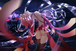 Rule 34 | 1girl, arms at sides, artist name, ass, back, backless outfit, bare shoulders, bodysuit, breasts, brown thighhighs, closed mouth, cowboy shot, detached sleeves, eyelashes, floating hair, from behind, guilty crown, hair ornament, hairclip, highres, legs together, long hair, medium breasts, night, no panties, pink hair, solo, standing, thighhighs, twintails, yun lin, yuzuriha inori