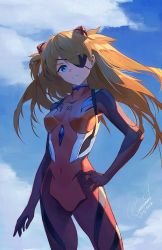 Rule 34 | 1girl, absurdres, artist request, blue eyes, blue sky, bodysuit, breasts, brown hair, cowboy shot, evangelion: 3.0 you can (not) redo, eyepatch, floating hair, hair between eyes, hand on own hip, highres, impossible bodysuit, impossible clothes, lips, long hair, multicolored bodysuit, multicolored clothes, neon genesis evangelion, pilot suit, plugsuit, rebuild of evangelion, red bodysuit, shiny clothes, sky, solo, souryuu asuka langley, two side up, very long hair, wide hips