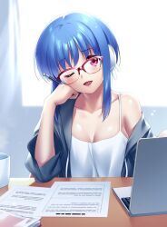 Rule 34 | 1girl, ;d, black jacket, blue hair, blush, breasts, cleavage, collarbone, commentary request, commission, computer, desk, eyelashes, glasses, hair between eyes, hand on own cheek, hand on own face, hand up, head tilt, ilfa (to heart), indoors, jacket, laptop, large breasts, looking at viewer, one eye closed, open clothes, open jacket, open mouth, pink eyes, red-framed eyewear, semi-rimless eyewear, shiny skin, shirt, short hair with long locks, single bare shoulder, sitting, skeb commission, sleeveless, sleeveless shirt, smile, solo, to heart (series), to heart 2, upper body, white shirt, zen (kamuro)