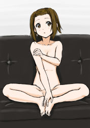 Rule 34 | 00s, 1girl, barefoot, blush, breasts, brown eyes, brown hair, convenient arm, convenient censoring, couch, full body, hairband, hands on feet, holding own arm, k-on!, looking at viewer, matching hair/eyes, nude, parted lips, partially visible vulva, short hair, sitting, small breasts, solo, spread legs, tainaka ritsu, toes, tsukkun