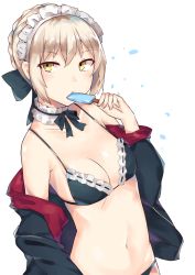 Rule 34 | 1girl, absurdres, artoria pendragon (alter swimsuit rider) (fate), artoria pendragon (fate), artoria pendragon (lancer alter) (fate), bare shoulders, bikini, bikini under clothes, black bikini, blush, breasts, breasts apart, collarbone, commentary request, dot nose, expressionless, fate/grand order, fate (series), frilled bikini, frills, hand up, highres, holding, light blush, long sleeves, looking at viewer, maid headdress, navel, open clothes, platinum blonde hair, ribbon-trimmed bikini, ribs, short hair, simple background, small breasts, solo, swimsuit, tsurime, upper body, very short hair, white background, white frills, yellow eyes, yoruran