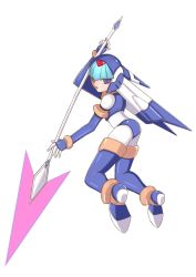 Rule 34 | 1girl, android, bent over, blue eyes, bodysuit, capcom, full body, helmet, high heels, holding, holding spear, holding weapon, leroy, fairy leviathan (mega man), looking at viewer, looking back, open mouth, mega man (series), mega man zero (series), simple background, spear, thigh boots, weapon, white background