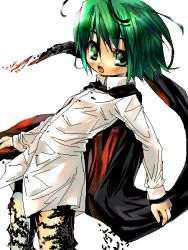 Rule 34 | 1girl, :o, antennae, black cape, bottomless, bug, buttons, cape, collared shirt, cowboy shot, dissolving clothes, dress shirt, female focus, flat chest, green eyes, green hair, long sleeves, looking at viewer, matching hair/eyes, oekaki, open mouth, pants, shirt, short hair, simple background, solo, touhou, white background, white shirt, wriggle nightbug