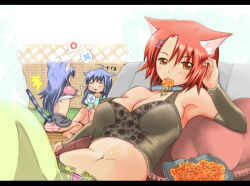 Rule 34 | 3girls, ahoge, animal ears, armpits, ass, breasts, bustier, cat ears, cat tail, clothes lift, collar, detached sleeves, hair ornament, hairclip, large breasts, letterboxed, lingerie, long hair, midriff, mouth hold, multiple girls, navel, original, panties, red hair, shiina you (tomoshibi), shirt lift, short hair, siblings, sisters, striped clothes, striped panties, tail, translated, twins, underwear, unzipped, yellow eyes