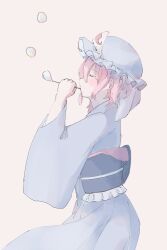 Rule 34 | 1girl, blowing bubbles, blue hat, blue kimono, bubble, closed eyes, from side, hand up, hat, highres, japanese clothes, kimono, medium hair, mob cap, obi, pink hair, profile, saigyouji yuyuko, sash, simple background, solo, touco to, touhou, triangular headpiece, veil, yellow background