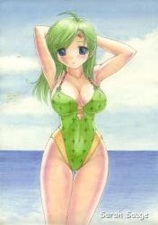 Rule 34 | 1990s (style), 1girl, armpits, arms behind head, bad id, bad pixiv id, beach, blue eyes, breasts, casual one-piece swimsuit, cleavage, cloud, day, final fantasy, final fantasy iv, green hair, hip focus, large breasts, ocean, aged up, one-piece swimsuit, outdoors, rydia (ff4), sarah sauge, solo, swimsuit, thigh gap, thighs, traditional media, wide hips