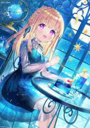 Rule 34 | 1girl, :d, blonde hair, blue dress, blue ribbon, braid, cake, cake slice, chair, cloud, cloudy sky, commentary request, crescent, crown braid, dress, dutch angle, food, fork, full moon, hair ribbon, highres, holding, holding fork, ikari (aor3507), indoors, long sleeves, moon, neck ribbon, night, night sky, on chair, open mouth, original, pleated dress, puffy long sleeves, puffy sleeves, purple eyes, ribbon, see-through, sitting, sky, smile, solo, table, twitter username, window