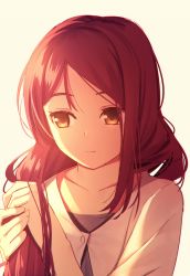 Rule 34 | 10s, 1girl, adjusting hair, alternate hairstyle, blouse, collarbone, commentary, hair over shoulder, layered clothes, light frown, long hair, looking to the side, love live!, love live! sunshine!!, nagareboshi, pensive, red hair, sakurauchi riko, shade, shirt, solo, sunlight, sunset, twilight, upper body, yellow eyes