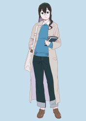 Rule 34 | 1girl, bag, black hair, black pants, blue background, blue shirt, book, brown footwear, coat, full body, glasses, green eyes, green hairband, grey coat, hair between eyes, hairband, holding, holding book, kantai collection, long hair, long sleeves, ojipon, ooyodo (kancolle), pants, shirt, shoes, simple background, smile, solo