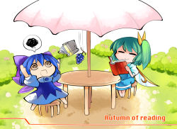 Rule 34 | 2girls, = =, @ @, autumn, blue hair, blush, book, bow, bush, cirno, collar, commentary request, daiyousei, dress, fairy wings, falling, food, fruit, grapes, green hair, hair bow, ice, ice wings, kashuu (b-q), multiple girls, no shoes, open book, open mouth, puffy short sleeves, puffy sleeves, reading, short hair, short sleeves, side ponytail, stool, swirl, table, touhou, translation request, umbrella, wings