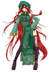 Rule 34 | 1girl, alternate costume, bare shoulders, belt, blue eyes, boots, braid, breasts, contrapposto, detached sleeves, earrings, hair tubes, hand on own hip, hat, highres, hong meiling, jewelry, large breasts, ledjoker07, long hair, looking at viewer, panties, red hair, see-through, solo, standing, star (symbol), thigh boots, thighhighs, touhou, twin braids, underwear, very long hair, zipper