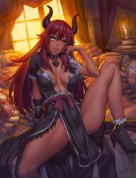 Rule 34 | 1girl, absurdres, airomed, bed, borrowed character, breasts, breasts apart, collar, gauntlets, highres, horns, large breasts, long hair, looking at viewer, no bra, on bed, original, parted lips, pelvic curtain, pillow, red hair, single gauntlet, sitting, slit pupils, smile, solo, speh, spread legs, thighs, yellow eyes