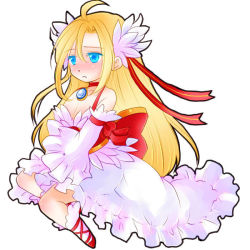 Rule 34 | 1boy, ahat (ragnarok online), ahoge, blonde hair, blue eyes, blush, bow, commentary request, corset, crossdressing, detached sleeves, dress, frilled dress, frilled sleeves, frills, full body, hair ribbon, high heels, kneehighs, large bow, long hair, looking afar, male focus, manoji, official alternate costume, open mouth, ragnarok online, red bow, red footwear, ribbon, simple background, sleeveless, sleeveless dress, socks, solo, wanderer (ragnarok online), white background, white dress, white sleeves, white socks, wide sleeves