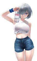 Rule 34 | 1girl, absurdres, bare shoulders, blue eyes, blue shorts, blush, bottle, breasts, crop top, grey hair, hair ornament, hair over one eye, hairclip, hamakaze (kancolle), highres, kantai collection, large breasts, looking at viewer, midriff, navel, shirt, short hair, shorts, sleeveless, sleeveless shirt, smile, solo, thighs, variant set, wa (genryusui), water bottle, white background, white shirt, wristband