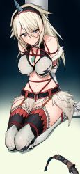Rule 34 | 1girl, absurdres, bdsm, blue eyes, bondage, bound, breasts, crotch rope, detached sleeves, fake horns, fur skirt, garter straps, gradient background, highres, horned headwear, horns, jewelry, kinbakuman, kirin (armor), kneeling, large breasts, long hair, midriff, monster hunter (character), monster hunter (series), navel, pendant, red rope, restrained, rope, shibari, shibari over clothes, thighhighs, white hair