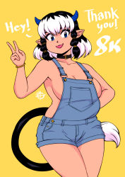 Rule 34 | 1girl, 2020, absurdres, animal ears, black hair, blue eyes, blue horns, blush, bracelet, breasts, choker, closed mouth, collarbone, cow ears, cow girl, cow horns, cow tail, dark skin, dark-skinned female, eyebrows, highres, horns, jewelry, large breasts, looking at viewer, multicolored hair, naked overalls, original, overalls, plump, pointy ears, short hair, simple background, smile, solo, tabaki (taggo), taggo, tail, tongue, tongue out, two-tone hair, v, white hair, yellow background