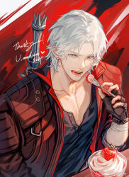 Rule 34 | 1boy, blue eyes, coat, dante (devil may cry), dessert, devil may cry (series), devil may cry 5, fingerless gloves, food, fruit, gloves, highres, holding, ice cream, lolvivianli, long hair, looking at viewer, male focus, red coat, smile, spoon, strawberry, sundae, whipped cream, white hair
