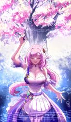 Rule 34 | 1girl, :d, arm up, bare shoulders, conductor baton, beamed eighth notes, breasts, cleavage, closed eyes, commentary request, dress, eighth note, elysia (honkai impact), facing viewer, highres, holding, honkai (series), honkai impact 3rd, long hair, medium breasts, musical note, open mouth, pink hair, pleated dress, quarter note, rixira (234416714), sleeveless, sleeveless dress, smile, solo, tree, very long hair, white dress