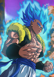 Rule 34 | 1boy, abs, artist name, baggy pants, biceps, blue eyes, blue hair, blue sash, blurry, blurry background, bracer, clenched hand, closed mouth, commentary request, dragon ball, dragon ball super, dragon ball super broly, gogeta, hands up, highres, looking at viewer, male focus, metamoran vest, mountain, muscular, muscular male, open clothes, open vest, outdoors, pants, pectorals, purple sky, sash, seya (asasei 718), signature, sky, smile, smirk, solo, spiked hair, standing, super saiyan, super saiyan blue, v-shaped eyebrows, vest, white pants
