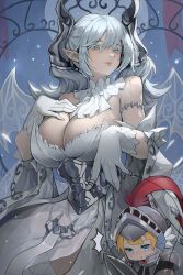 Rule 34 | 1girl, absurdres, bare shoulders, blue eyes, blush, breasts, cleavage, demon girl, demon horns, demon tail, demon wings, detached collar, drill hair, duel monster, earrings, gloves, grey eyes, grey hair, hair between eyes, highres, horns, jewelry, knight (yu-gi-oh!), large breasts, leotard, lips, lovely labrynth of the silver castle, low wings, mamayu, multiple wings, pointy ears, polearm, solo, string, tail, thighhighs, transparent wings, twintails, weapon, white horns, wings, yu-gi-oh!