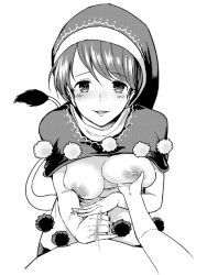 Rule 34 | 1boy, 1girl, grabbing another&#039;s breast, breasts, breasts out, capelet, doremy sweet, dress, grabbing, greyscale, handjob, hat, hetero, leaning forward, looking at viewer, medium breasts, monochrome, nightcap, nipples, parted lips, penis, pom pom (clothes), simple background, smile, solo focus, tail, tapir tail, touhou, urin, white background