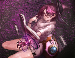 Rule 34 | 1girl, backpack, bad id, bad pixiv id, bag, book, bracelet, breasts, claws, closed mouth, cowboy shot, darkness, dress, earrings, eyelashes, floating, floating book, floating object, glasses, grimoire, hand up, hat, jewelry, large breasts, looking at viewer, magic circle, original, purple-framed eyewear, purple eyes, purple hair, purple hat, ribbed dress, ribbed sweater, short dress, short hair, short sleeves, sleeves rolled up, solo, sweater, sweater dress, tamidro, turtleneck, witch, witch hat