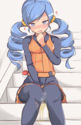 Rule 34 | 1girl, ace trainer (pokemon), belt, between legs, black pantyhose, black shirt, black skirt, blue eyes, blue hair, blush, breasts, clenched hand, creatures (company), drill hair, embarrassed, female focus, game freak, hair tie, half-closed eyes, hand between legs, hand up, have to pee, japanese text, knees together feet apart, long hair, long sleeves, looking at viewer, muroi (fujisan0410), nintendo, nose blush, npc trainer, open mouth, orange vest, pantyhose, pee, peeing, peeing self, pleated skirt, poke ball, poke ball (basic), pokemon, pokemon bw, shirt, sitting, skirt, small breasts, solo, stairs, steam, straight-on, translated, twin drills, twintails, vest