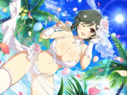 Rule 34 | 1girl, arch, ass, bare shoulders, beach, bikini, blue sky, blush, bouquet, bow, breasts, bride, cleavage, cloud, commentary request, day, dress, eyepatch, floral arch, flower, flower swing, frills, hair ornament, head wreath, highres, horizon, large breasts, light rays, long hair, looking at viewer, mai (senran kagura), navel, ocean, official art, open mouth, outdoors, palm tree, petals, pink flower, pink rose, purple flower, purple rose, red eyes, rose, sand, senran kagura, senran kagura new link, shore, sky, smile, solo, sunbeam, sunlight, swimsuit, swing, thighhighs, tree, twintails, underboob, water, wedding dress, white bikini, white flower, white hair, white rose, yaegashi nan