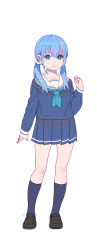 Rule 34 | 1girl, blue eyes, blue hair, blue neckerchief, blue shirt, blue skirt, brown footwear, closed mouth, contrapposto, enkyo yuuichirou, full body, hair ornament, hair scrunchie, hand up, highres, loafers, looking at viewer, low twintails, neckerchief, nijisanji, pleated skirt, sailor collar, scrunchie, shirt, shoes, short sleeves, simple background, skirt, smile, solo, standing, twintails, virtual youtuber, white background, white sailor collar, white scrunchie, yuuki chihiro, yuuki chihiro (2nd costume)