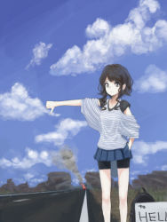 Rule 34 | 1girl, backpack, bag, bike shorts, brown hair, cloud, day, english text, fire, hitchhiking, original, pleated skirt, sign, skirt, solo, t2o, thumbs down