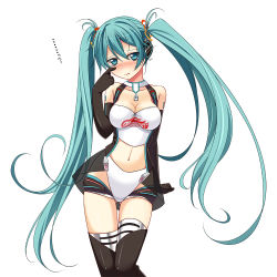 Rule 34 | 1girl, adapted costume, aqua eyes, aqua hair, asakura ryou (artist), bare shoulders, black thighhighs, blush, boots, breasts, cleavage, elbow gloves, gloves, goodsmile company, hair ribbon, hatsune miku, headphones, hino minato (spec.c), long hair, looking at viewer, navel, race queen, racing miku, ribbon, simple background, solo, tears, thigh boots, thigh gap, thighhighs, thighs, translated, twintails, very long hair, vocaloid, wavy mouth