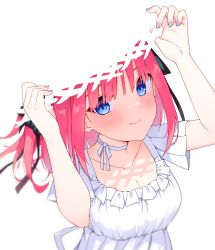 Rule 34 | 1girl, absurdres, arms up, black ribbon, blending, blue eyes, blue nails, blush, breasts, choker, cleavage, closed mouth, collarbone, commentary request, dress, go-toubun no hanayome, hair ribbon, hands on headwear, hat, highres, long hair, looking at viewer, medium breasts, multicolored nails, nail polish, nakano nino, pink hair, profnote, purple nails, ribbon, short sleeves, simple background, smile, solo, straw hat, upper body, white background, white choker, white dress