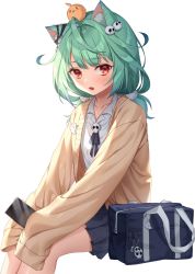 Rule 34 | 1girl, :o, absurdres, animal, animal ear fluff, animal ears, animal on head, bad id, bad pixiv id, bag, bird, black skirt, blush, brown cardigan, cardigan, cat ears, cellphone, chick, commentary request, green hair, hair ornament, harusame (user wawj5773), highres, holding, holding phone, hololive, huge filesize, long hair, long sleeves, looking at viewer, on head, phone, piyoko (uruha rushia), pleated skirt, red eyes, shirt, sitting, skirt, skull hair ornament, sleeves past fingers, sleeves past wrists, smartphone, solo, uruha rushia, virtual youtuber, white background, white shirt