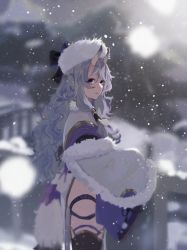 Rule 34 | 1girl, adakikou, bad id, bad pixiv id, blurry, bow, commentary request, cowboy shot, curly hair, depth of field, from side, fur hat, fur trim, hair tubes, hat, hat bow, horns, japanese clothes, kimono, light purple hair, long hair, looking at viewer, nijisanji, oni, outdoors, parted lips, pointy ears, purple eyes, purple kimono, rindou mikoto, short eyebrows, short kimono, skin-covered horns, sleeves past fingers, sleeves past wrists, snow, snowing, solo, thigh strap, thighhighs, ushanka, virtual youtuber, wavy hair, wide sleeves